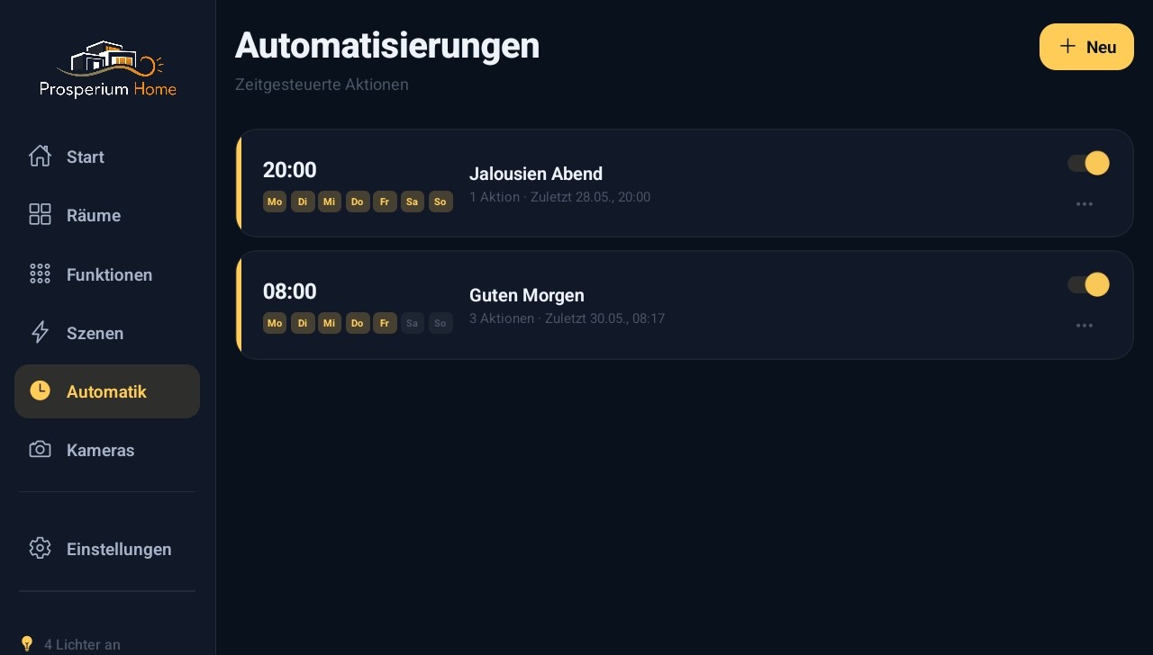 Automatisierungen in der App: zeitgesteuerte Szenen wie Guten Morgen und Jalousien am Abend
