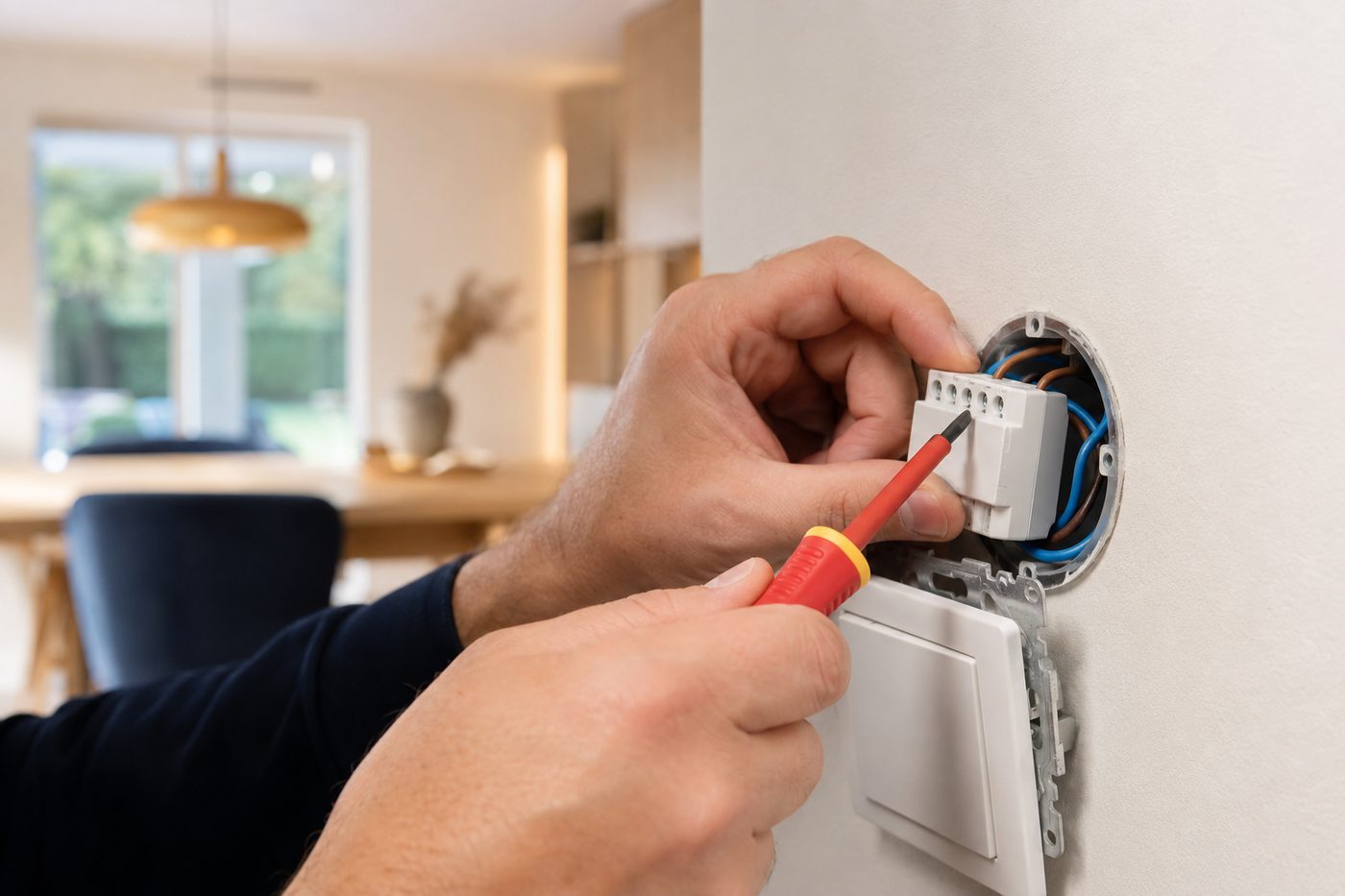Elektrofachkraft montiert ein Zigbee-Funkmodul fachgerecht hinter einem vorhandenen Lichtschalter — ohne Schlitzen, ohne Baustelle