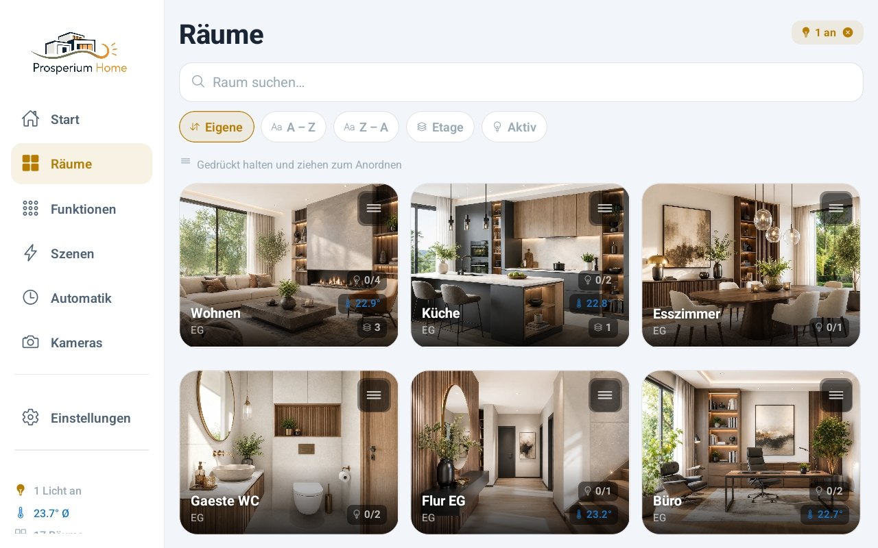 Räume-Übersicht in der Prosperium Home App im hellen Tag-Modus