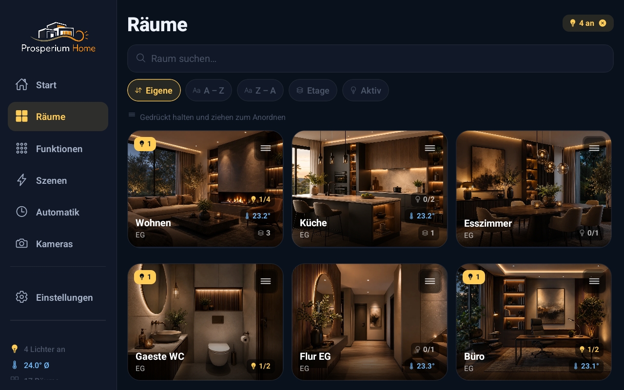 Räume-Übersicht in der Prosperium Home App im dunklen Abend-Modus